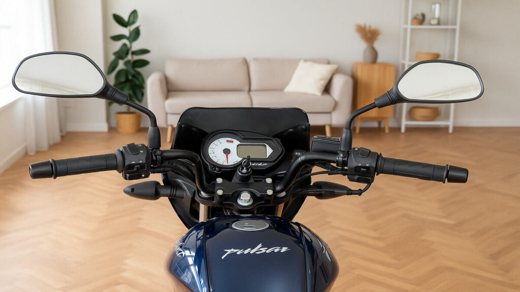 Bajaj Pulsar 125 handlebar and console view indoors.