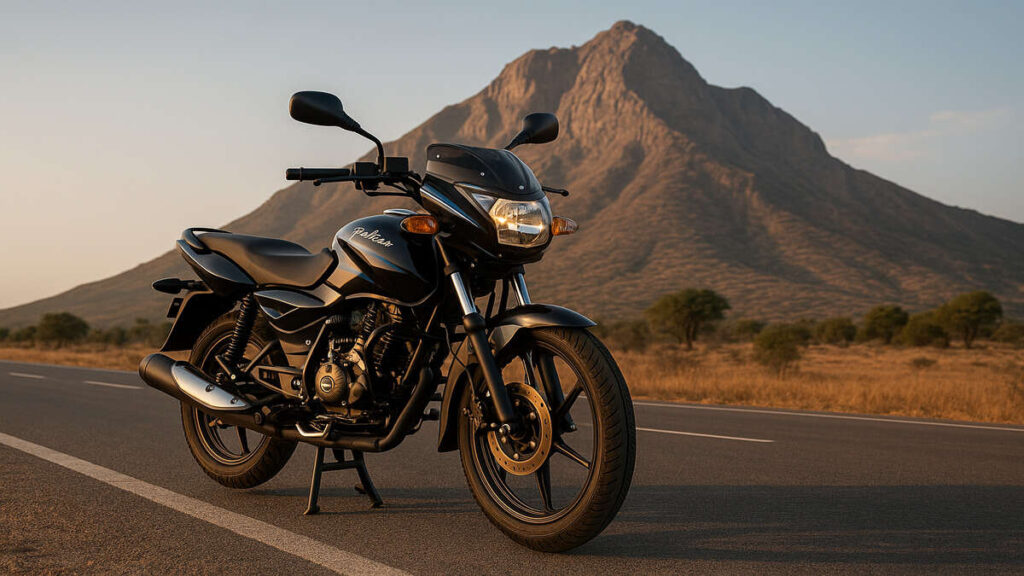 Bajaj Pulsar 125 on highway with mountains in the background.
