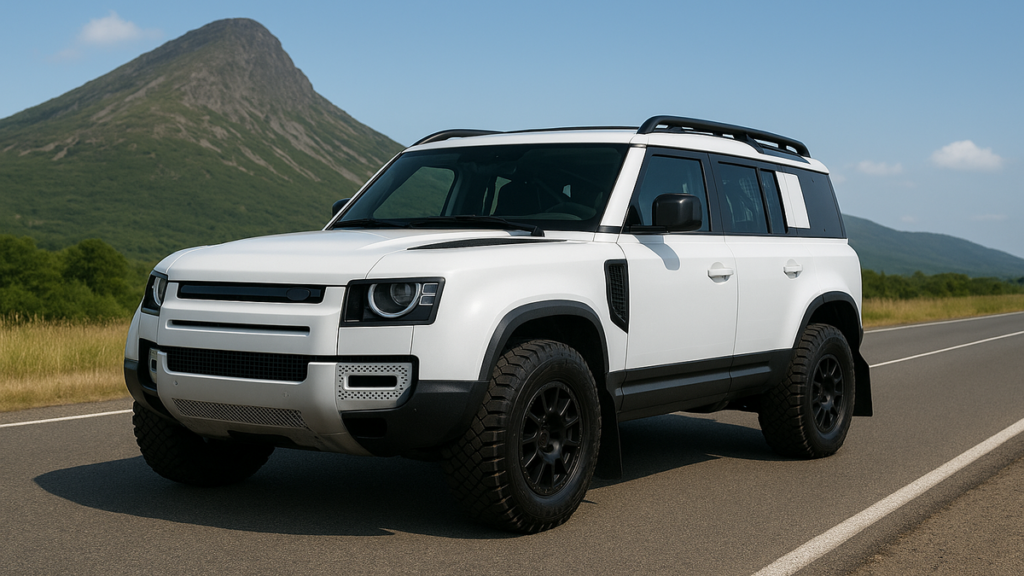 Fuji White Defender Dakar D7XR parked on a highway.