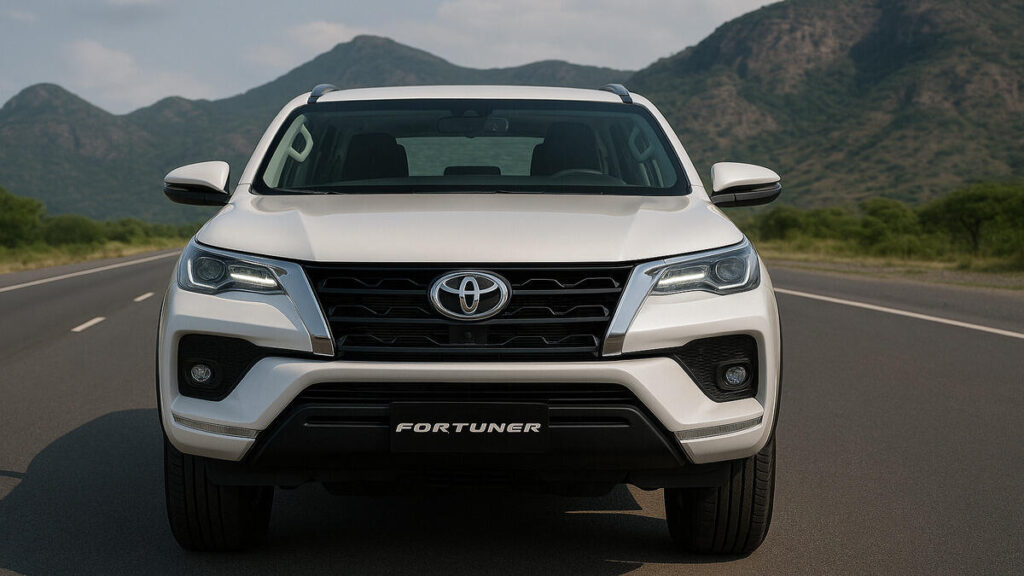 Front view of a white Toyota Fortuner