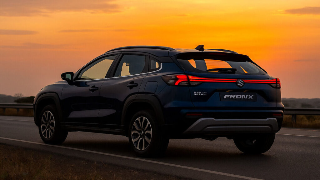 Maruti Fronx rear view at sunset