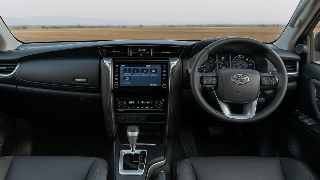 Toyota Fortuner interior showing the dashboard, steering wheel, touchscreen infotainment system and AC controls
