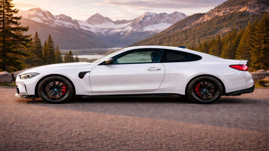 Alpine White BMW side profile view in wide 16:9 frame