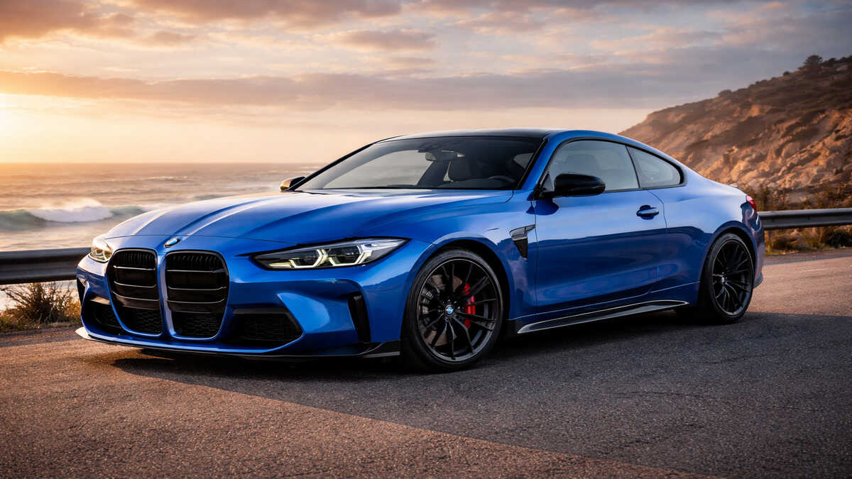 Portimao Blue BMW sports car in hero wide angle view