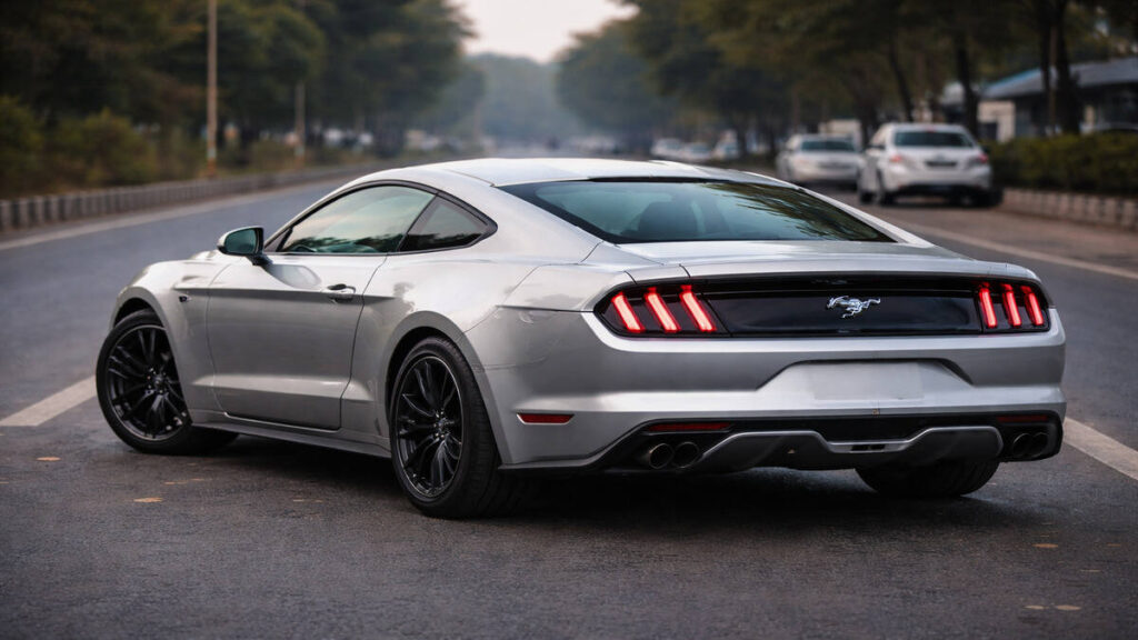 Rear angle view of Ford Mustang in Ingot Silver parked on an Indian road