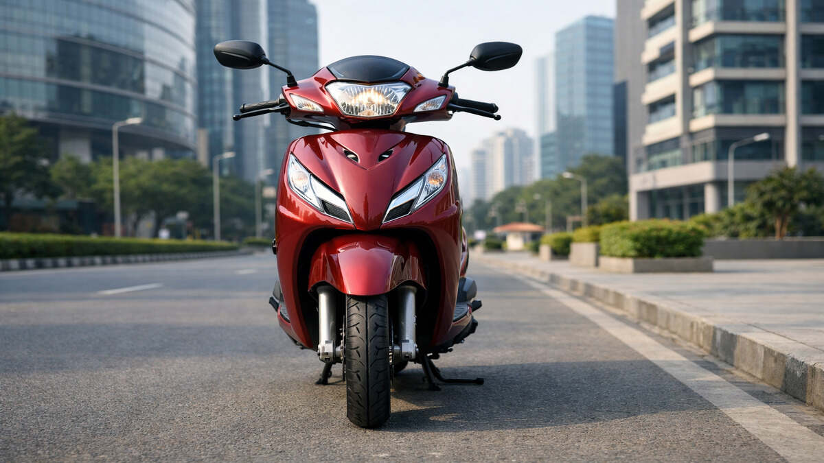 Honda Activa 7G red color side profile parked on clean Indian city road in natural daylight