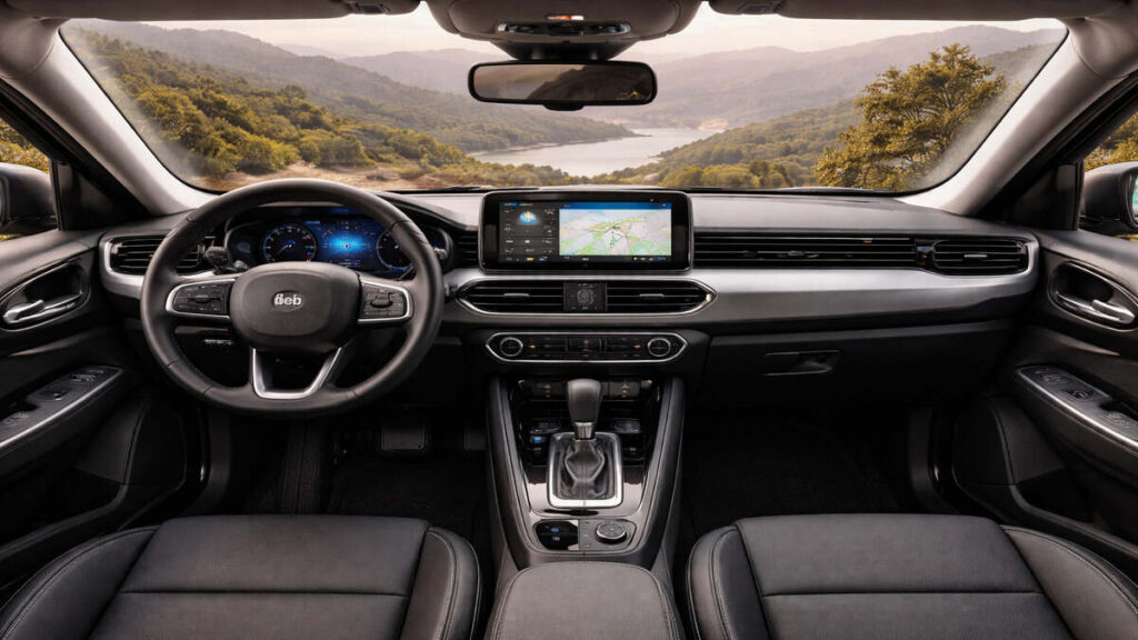 Jeep Avenger interior dashboard and front seats with touchscreen display.