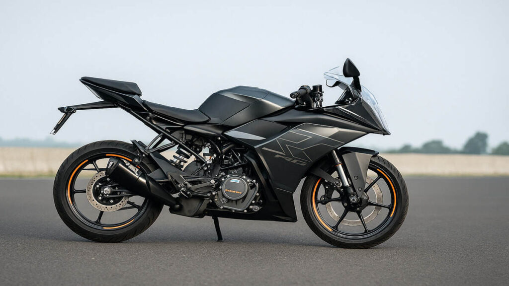 KTM RC 390 Dark Galvano side profile on open road