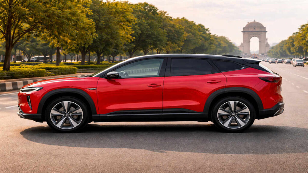 Mahindra BE 07 red electric SUV side profile on Indian road