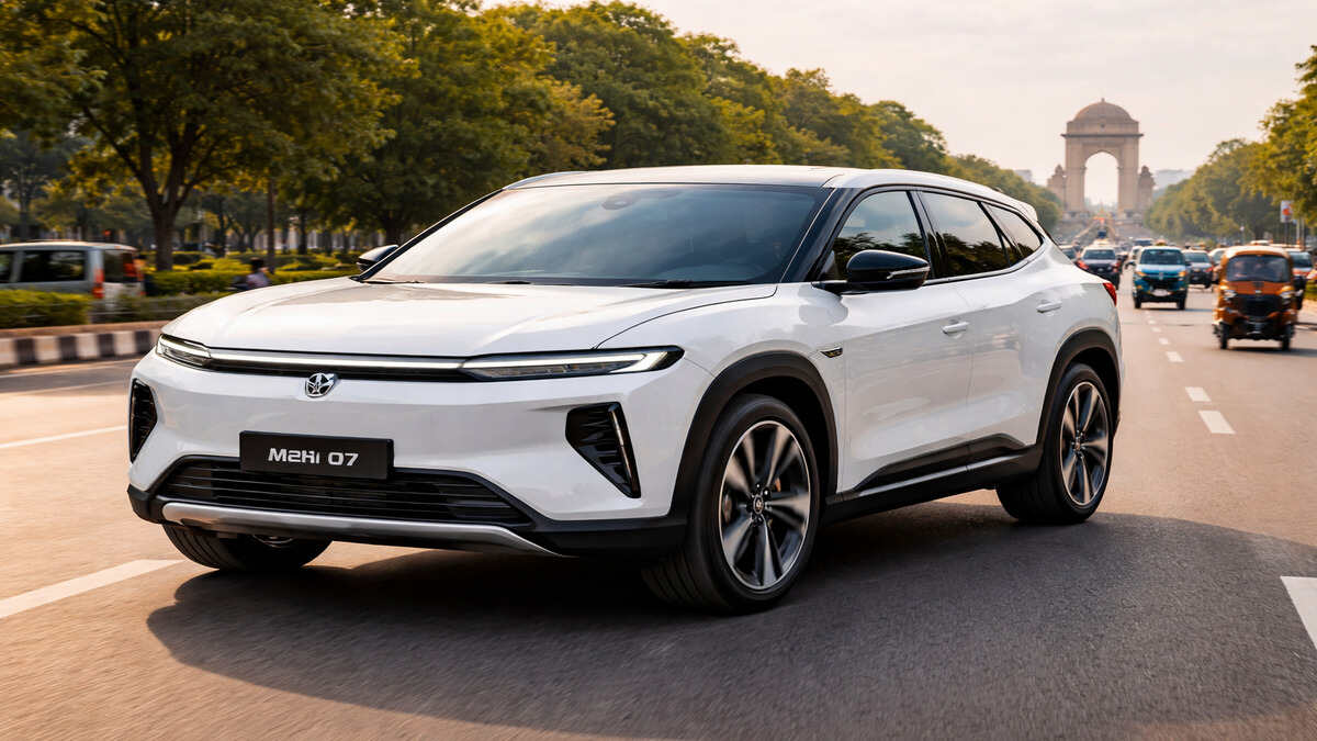 Mahindra BE 07 electric SUV in white on an Indian road front angle