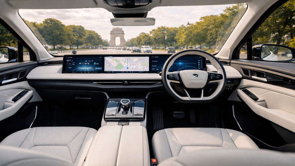 Mahindra BE 07 white interior with digital dashboard and seats