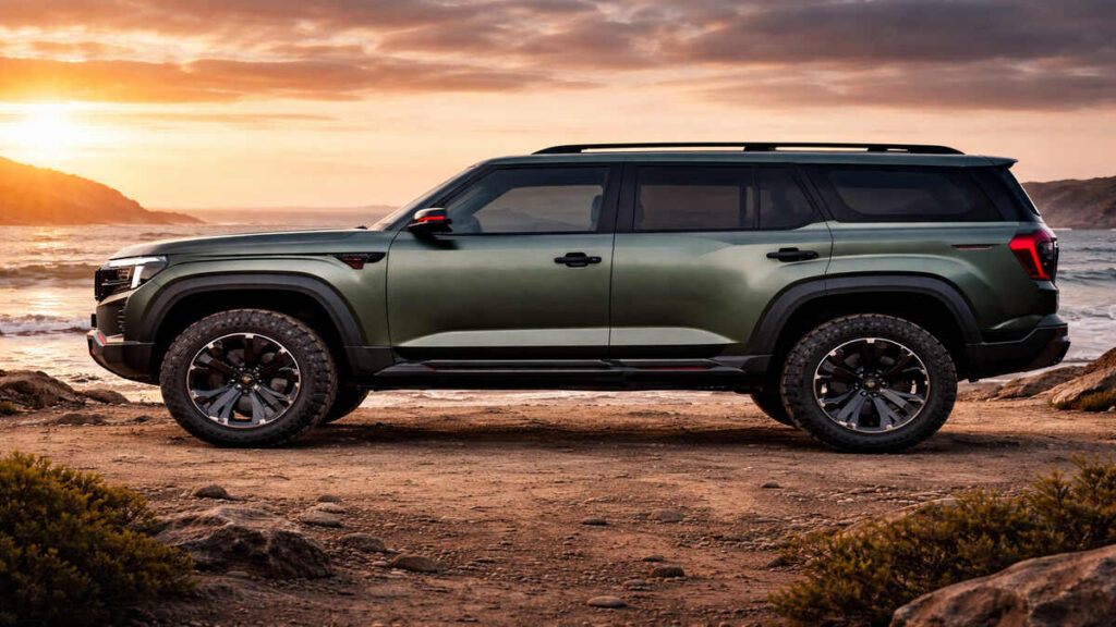 Mahindra Vision T concept SUV side profile in green color near coast