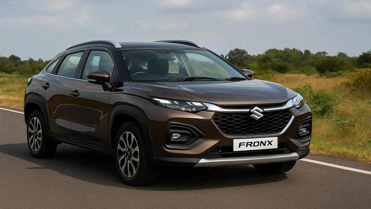 Brown Maruti Fronx front view on the road.