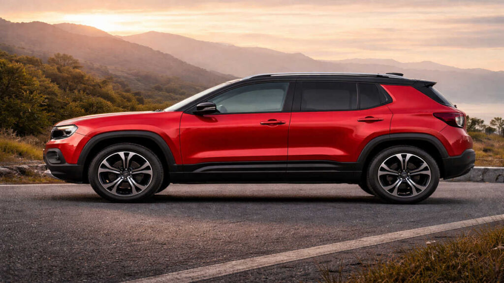 Red Jeep Avenger side profile parked on a mountain road at sunset.