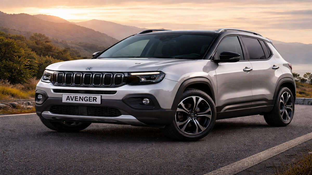 Silver Jeep Avenger compact SUV parked on a mountain road at sunset.