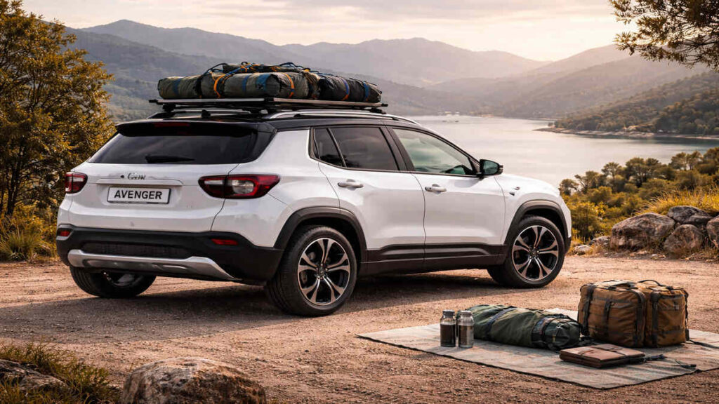 White Jeep Avenger touring photo with luggage and camping gear near a lake.