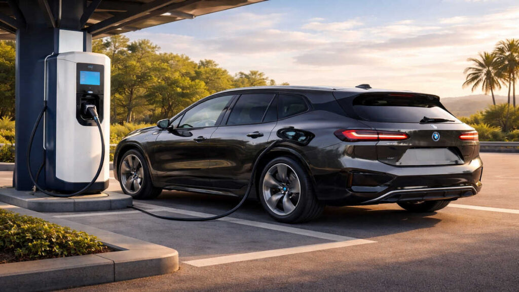 BMW iX 2026 electric SUV charging at modern EV station