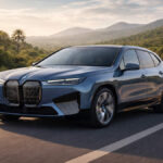 BMW iX 2026 electric SUV driving on Indian highway in blue color