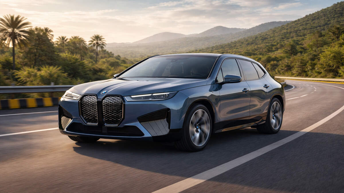 BMW iX 2026 electric SUV driving on Indian highway in blue color