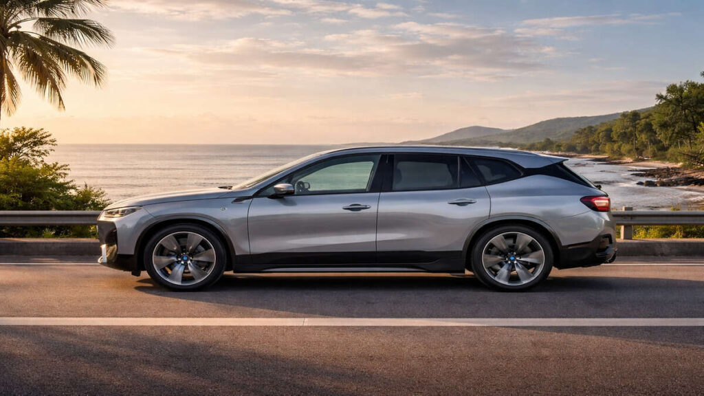 BMW iX 2026 electric SUV side profile in silver on coastal highway