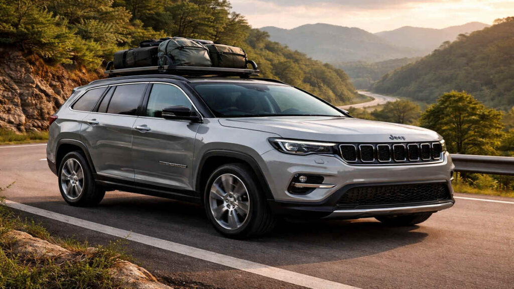 Magnesio Grey Jeep Meridian touring on mountain road