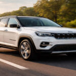Pearl White Jeep Meridian on Indian highway