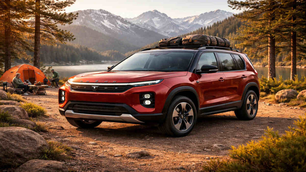 Tata Sierra EV Bengal Rouge touring near lake campsite