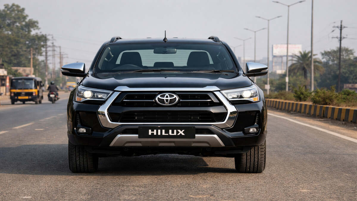 Front view of Toyota Hilux Attitude Black on an Indian road in natural daylight, 16:9 realistic shot
