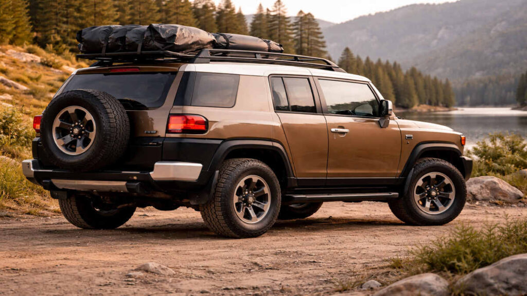 Brown Toyota Land Cruiser FJ rear three-quarter touring view near lakeside with roof luggage