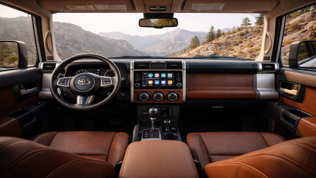 Toyota Land Cruiser FJ interior with brown seats and black dashboard — front cabin view