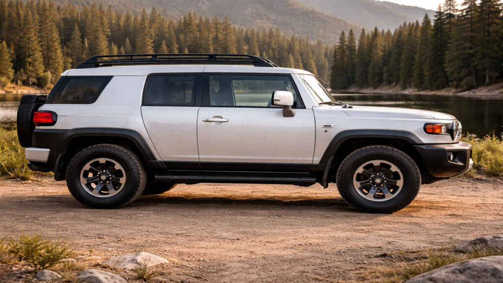 Toyota Land Cruiser FJ in silver — full side profile near lakeside landscape