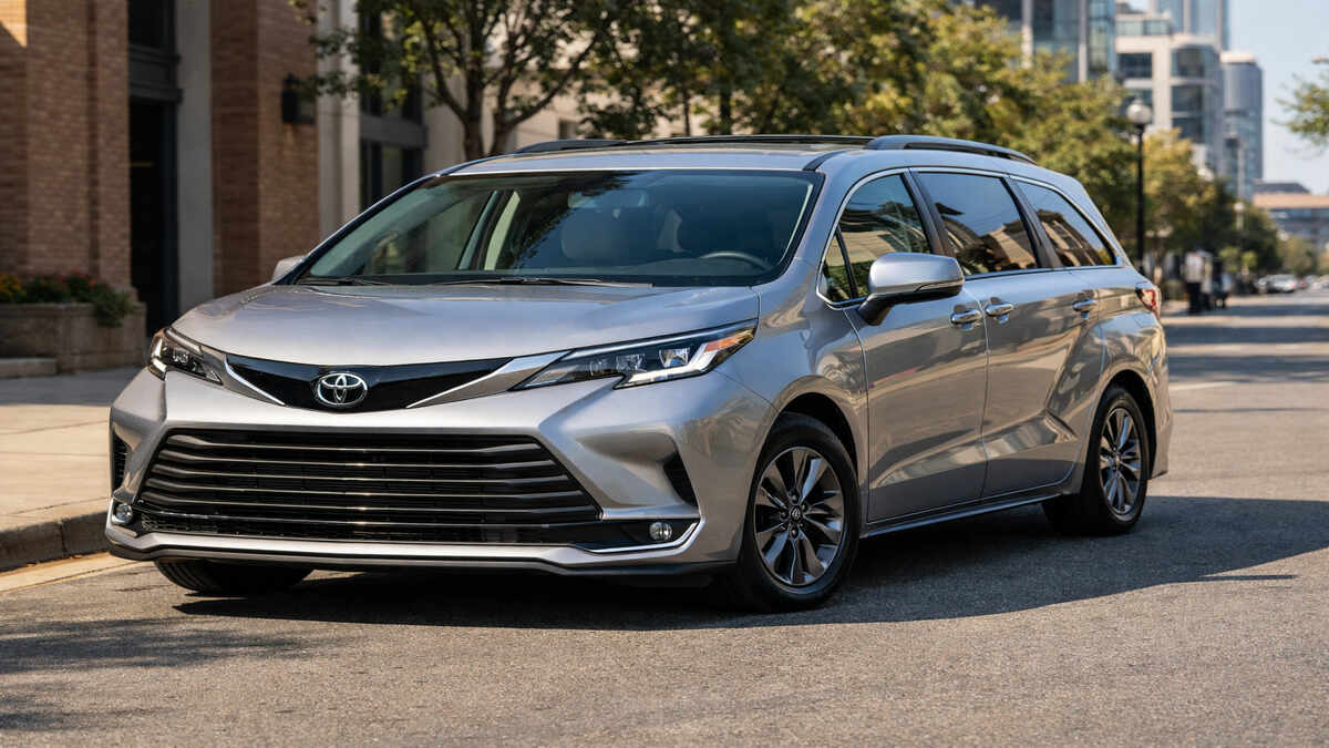 Toyota Sienna family minivan parked on a clean city street, front-angle view in natural daylight.