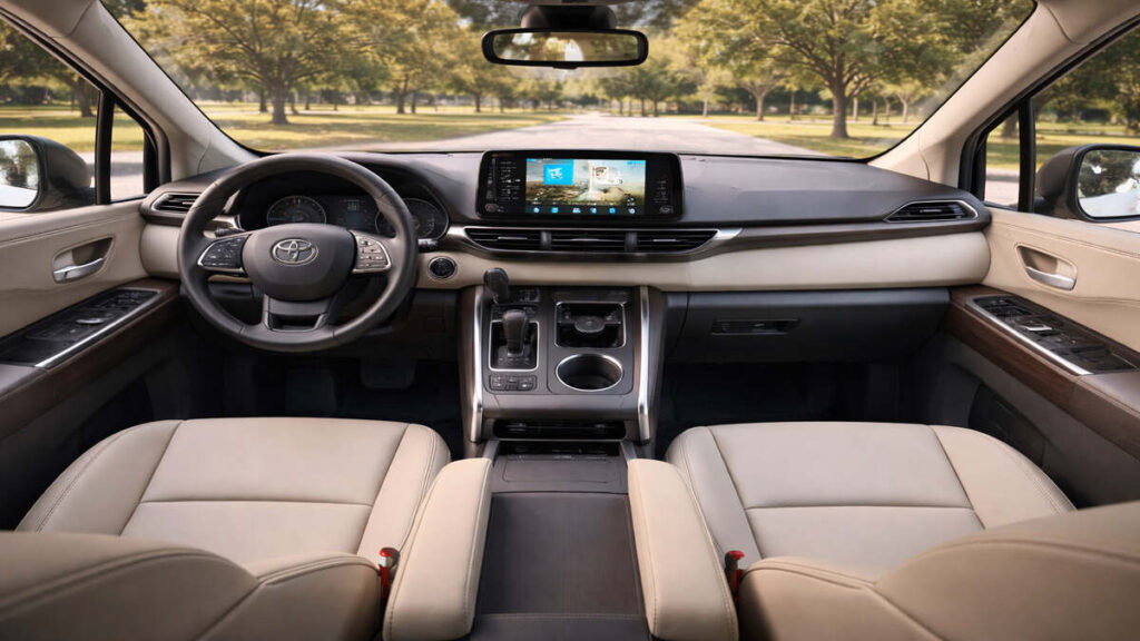 Toyota Sienna interior cabin showing spacious seats, clean dashboard, center console and natural lighting in a family-friendly setup.