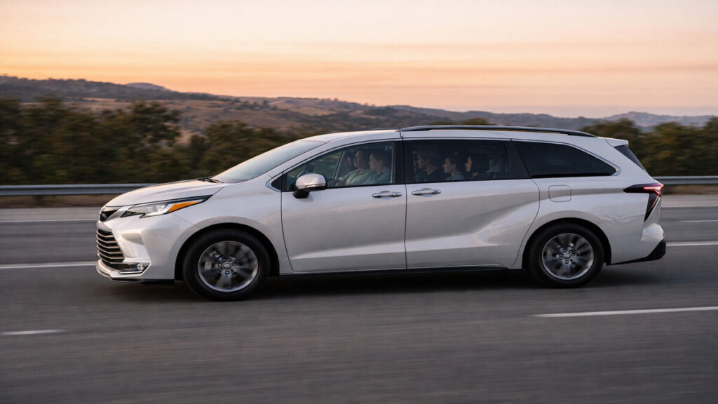 Toyota Sienna side profile driving on an open highway with family inside during calm evening light and natural motion blur.