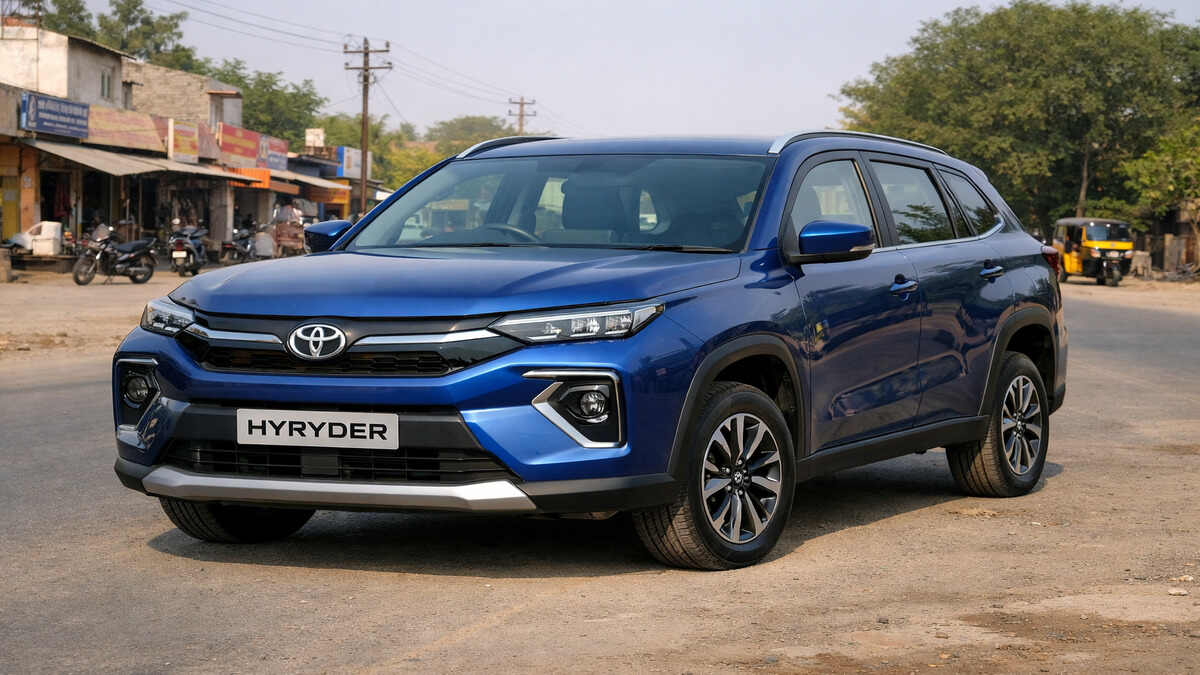 Toyota Urban Cruiser Hyryder parked on an Indian town road in daylight