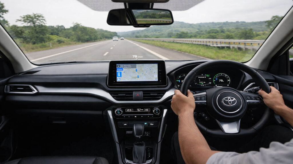 Toyota Urban Cruiser Hyryder interior view while driving on an Indian highway